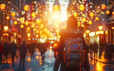 Naklejka premium A young woman walking alone down a dimly lit street at night