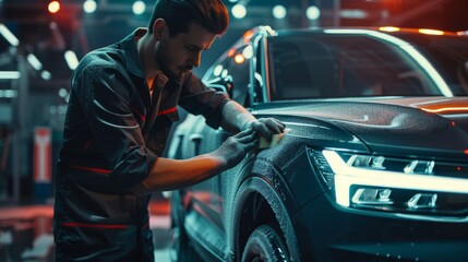 An adult man works in a detailing studio, preparing a factory fresh electric SUV for maintenance work and car care treatment. Cleaning Technician using sponge and soap water.