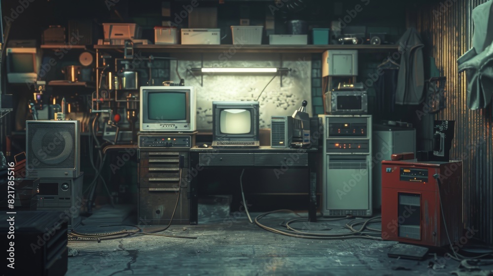 Poster establishing shot of empty workspace with old desktop computer in retro garage with random household