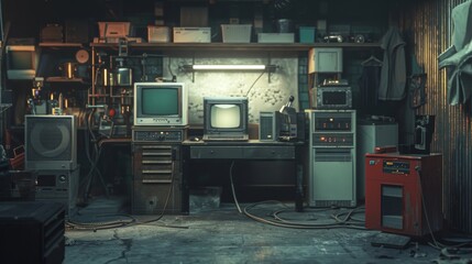 Establishing shot of empty workspace with old desktop computer in retro garage with random household appliances. First office of successful computer engineering startup in 1990s.