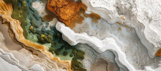 Obraz premium Top view of white sand with green moss and brown rocks, organic shapes and fluid lines