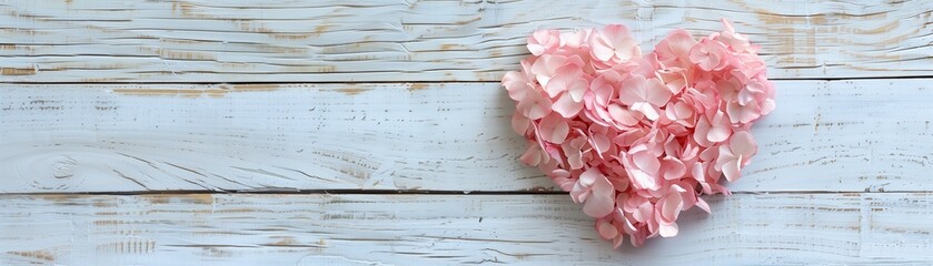 Fototapeta premium Pink Flower Petals Heart on White Washed Wood