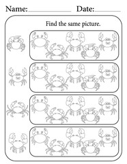 Crab Puzzle. Printable Activity Page for Kids. Educational Resources for School for Kids. Kids Activity Worksheet. Find Similar Shape
