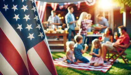 Families and friends gather outdoors for a patriotic celebration, with kids playing on a picnic blanket and American flags adorning the background.