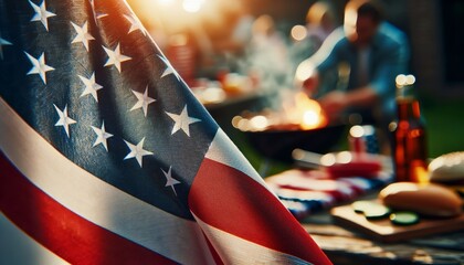 American flag with blurred group enjoying summer barbecue, symbolizing patriotism and festive spirit