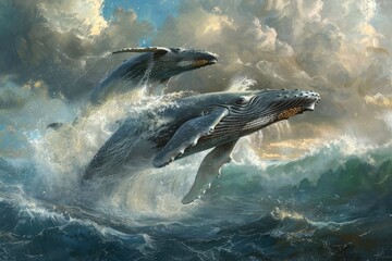 Majestic Humpback Whales Breaching Majestic humpback whales breaching the surface of the ocean their massive bodies soaring gracefully into the air before crashing back down 