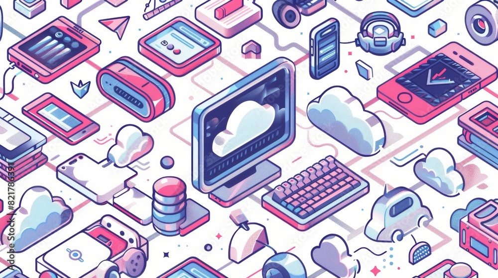 Poster isometric cloud storage banner. computer and smartphone connected to cloudy system server via wifi, 
