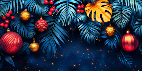 Christmas decorations with red and gold ornaments nestled among tropical leaves, ideal for festive holiday designs.