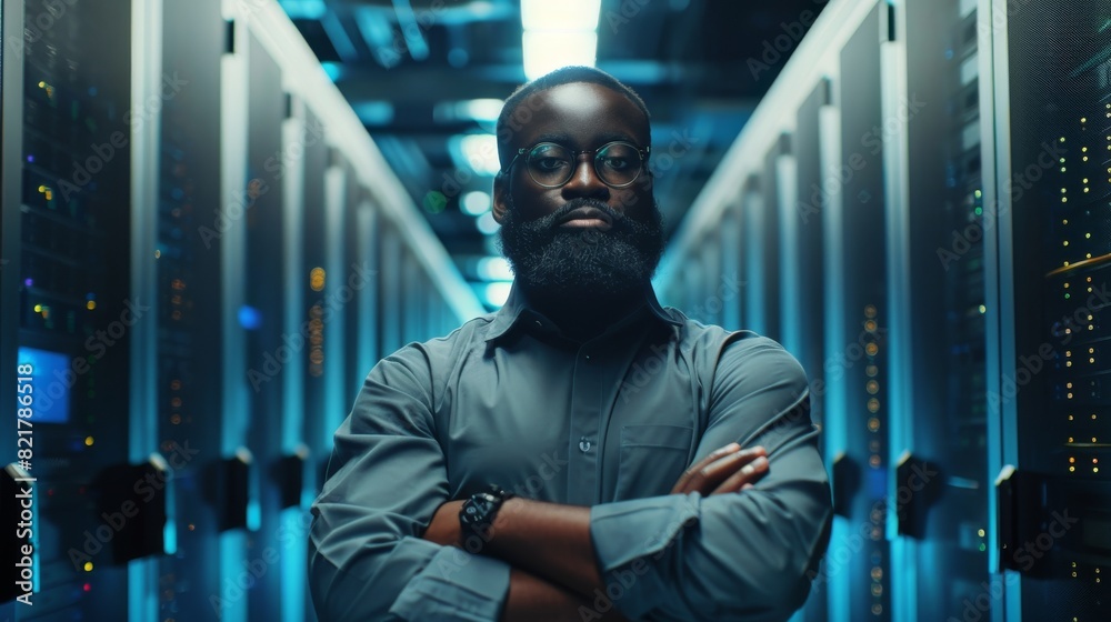 Poster an it engineer with a beard standing in the middle of a working server room with servers on a rack.