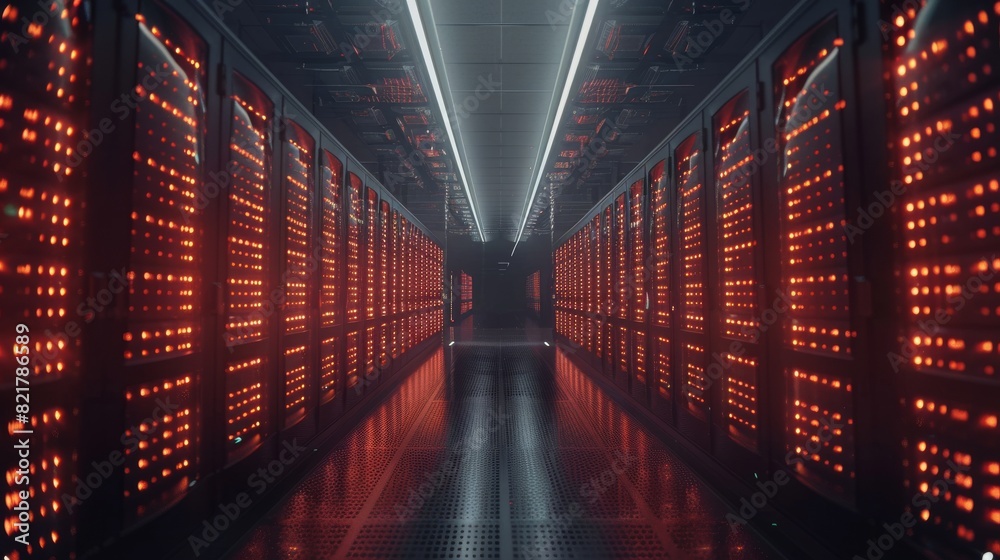 Poster this is an image of a working data center with rows of rack servers. led lights blink and computers 