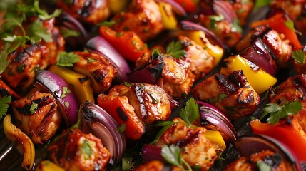 Appetizing scene captures juicy grilled chicken kebabs adorned with a medley of fresh vegetables.