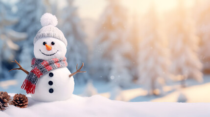 A Christmas snowman on a cold and snowy winter day Many trees with snow in the background"Seasonal Serenity: Christmas Snowman Among Snow-Covered Trees"
, 
