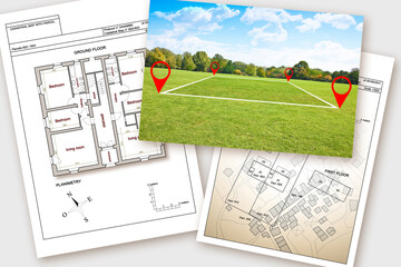 Updating public cadastral digital databases and information about land registry - concept with an imaginary cadastral map of territory with buildings land parcel and land plot