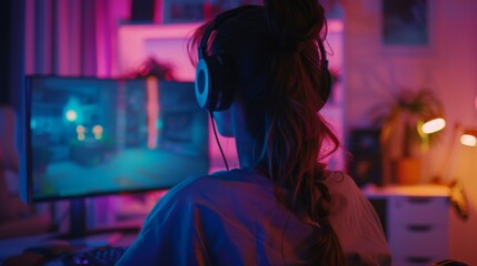 Obraz premium Gamer girl plays online video game on her desktop computer. She speaks to other players. Room and PC are lit with warm neon lights. Cozy evening at home.