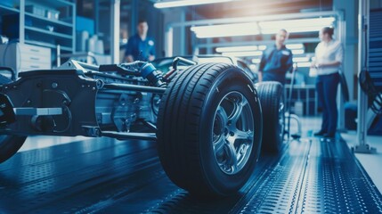 Obraz premium Working on Electric Car Chassis Prototype in Innovation Laboratory Facility Concept Vehicle Frame Includes Wheels, Suspension, Engine, and Battery.