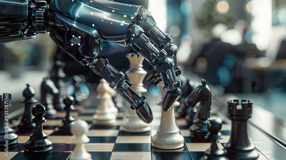 Poster artificial intelligence operates a futuristic robotic arm in a chess game. robot moves a knight. mod
