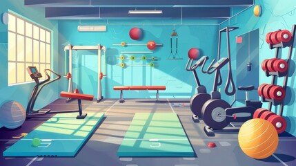 The gym is equipped with sports and fitness equipment, including running tracks, exercise bikes, benches, fitness balls, dumbbells, and yoga mats. The gym is empty.
