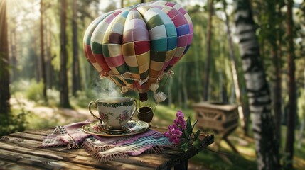   A hot air balloon perched on a table, beside a cup & saucer on a saucer