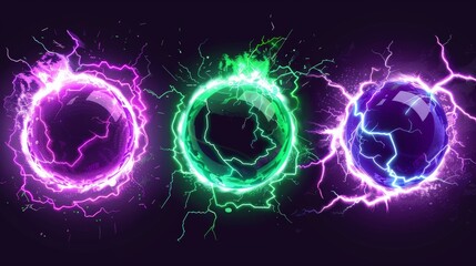 Various electric balls, lightning strikes, plasma spheres colored purple and green. Powerful electrical discharge, magical energy flash isolated on black background.