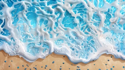 Detailed view of sea wave splashing on beach with sand. A blue ocean foamy water splash on coastline. A nature surface on a summer day, nautical seascape.