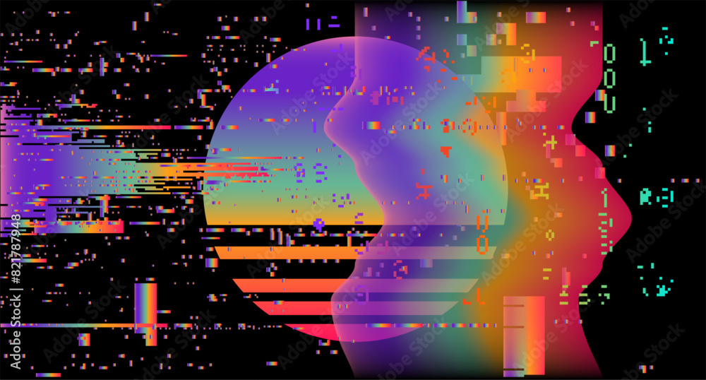 Poster an image of a glitchy vhs screen with a neon circle in the background filled with holographic stripe