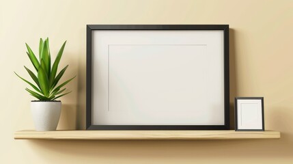 Mockup of interior decoration showing an empty picture frame on a shelf with a potted plant and a black border. Modern realistic 3D portfolio, home, gallery or office bookshelf.