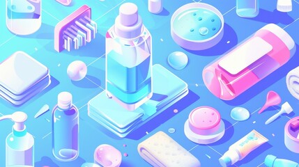 A three-dimensional modern line art web banner for a hygiene and care products landing page with liquid sanitizer, an antibacterial soap bar, wet wipes for washing hands, and an antibacterial soap