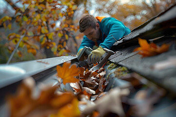 High-Quality Gutter Cleaning: Man Removing Leaves from a Roof Gutter. Concept Cleaning Gutters, Roof Maintenance, Home Improvement, Fall Cleanup, Leaf Removal AI