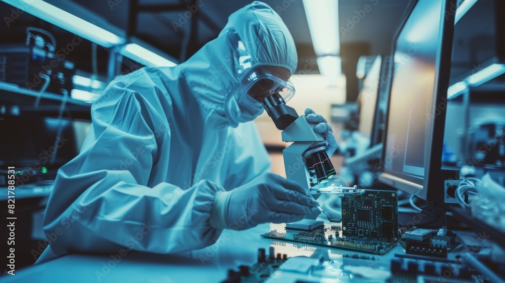 Poster an engineer scientist uses a microscope in a clean room to inspect a microprocessor component on a m