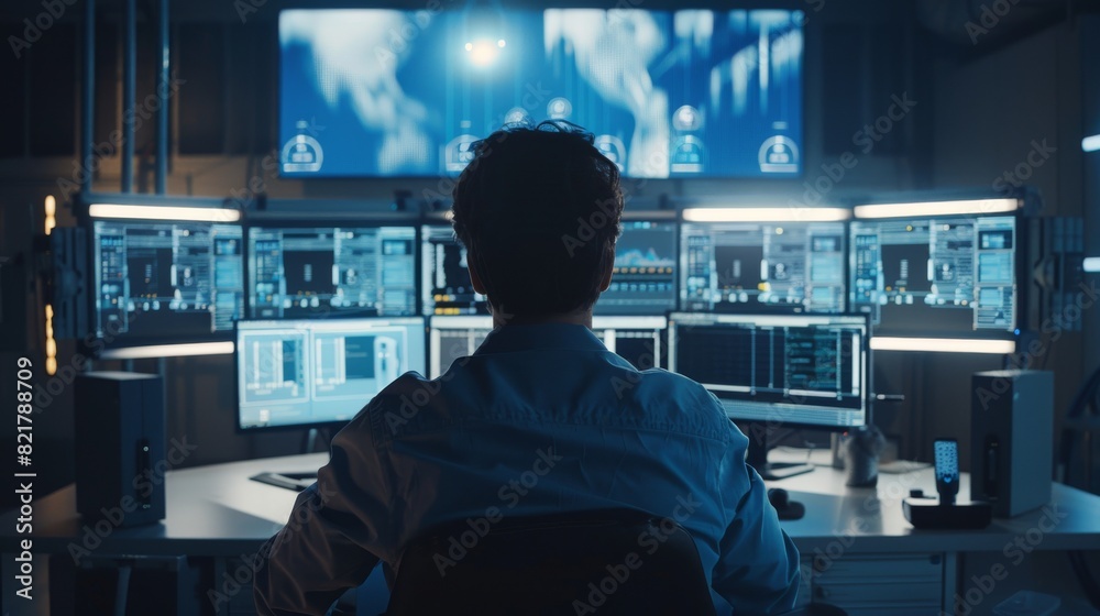 Poster high-tech security in an industry 4.0 factory, portrait shot of a security operator controlling a wo