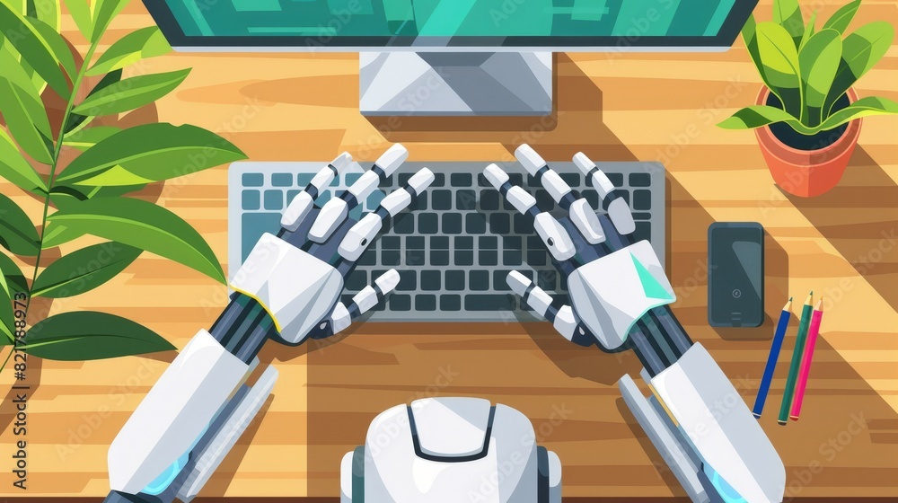 Poster animated modern illustration of a workspace with robot working on a computer keyboard. robotic hands