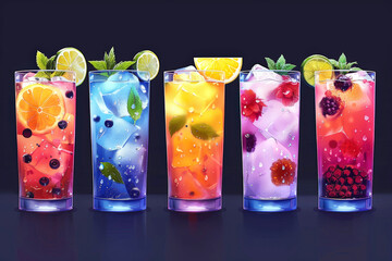 Colorful array of five fruit-infused drinks with ice cubes and garnished with citrus and berries,...