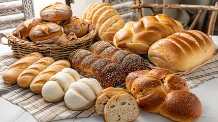 Assortment of bread and rolls arranged on a table, ready for baking. Suitable for posters for kitchens or bakeries.