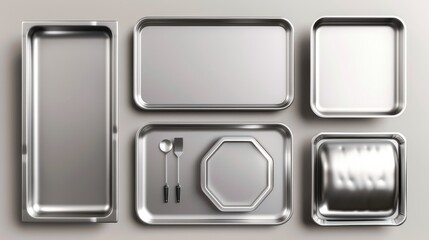 Baking trays, pizza trays, bakery trays, empty tin pans, isolated shapes, metal dishes for cooking, realistic 3D modern.