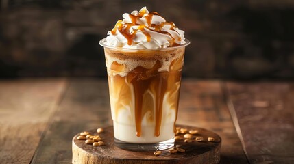 A yummy coffee drink, the iced caramel latte, has whipped cream and caramel sauce on top and is served cold. It's sweet and refreshing.