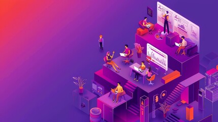 This isometric landing page depicts a workspace for team cooperation and activities, where business people work, communicate, and develop new ideas and projects.