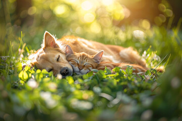 Lovely young dog and cat cuddling while sleeping in grass