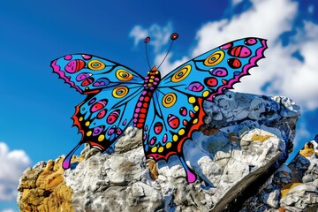 A beautiful butterfly perches on a rock in the mountains. The sky is blue and cloudy. The butterfly is blue, orange, yellow, purple, and black.