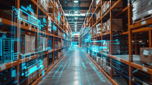 Smart warehouse management system using augmented reality technology to identify package picking and delivery . Future concept of supply chain and logistic business