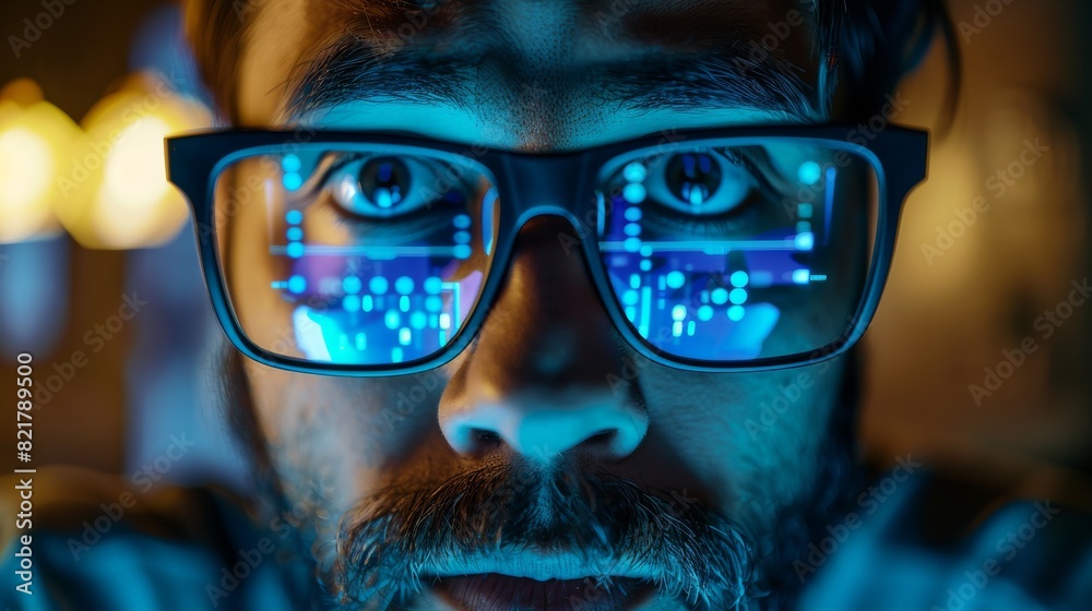 Poster photograph of a male startup digital entrepreneur working on a computer, looking at a camera line of