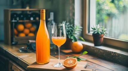 Obraz premium An orange bottle of wine and a filled glass of orange wine on a wooden cutting board