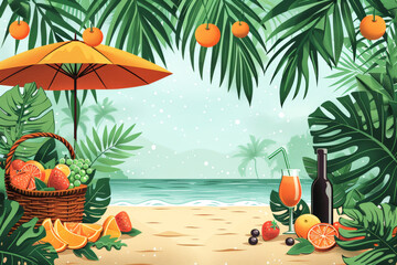 Tropical beach scene with a picnic basket, fruits, wine, and an umbrella under palm trees, ideal for a summer vacation and relaxation concept.