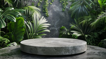 Against a lush backdrop of tropical leaves, a round gray stone pedestal awaits its role in showcasing beauty products. This mockup provides a perfect natural display platform for cosmetics.