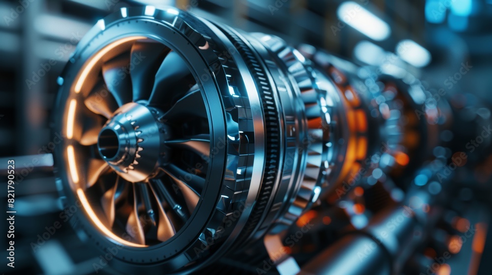 Poster a professional computer cad software program showing the design of an industrial turbine engine. a p