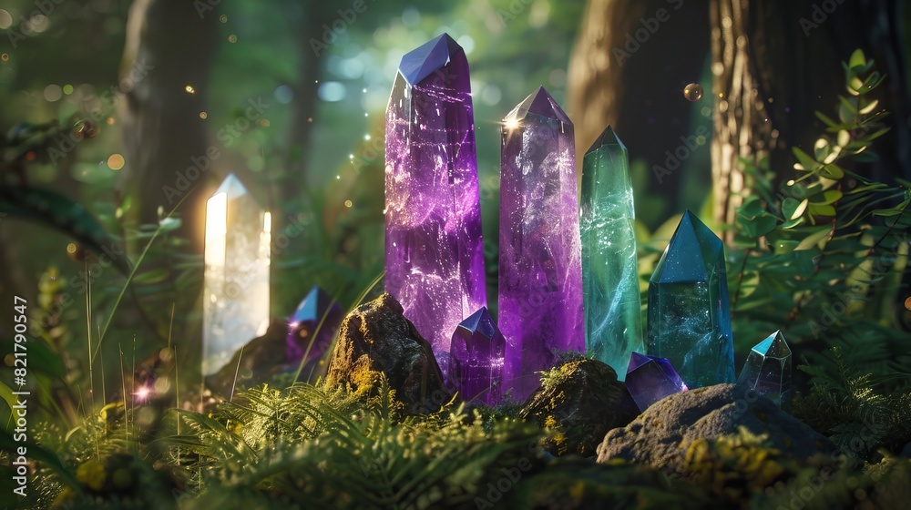 Wall mural beautiful gems gleam in a forest setting, creating a mystical ambiance. fluorite and quartz crystals