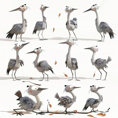 Little Crane Bird Cute character multiple posses and expression children's book illustration style