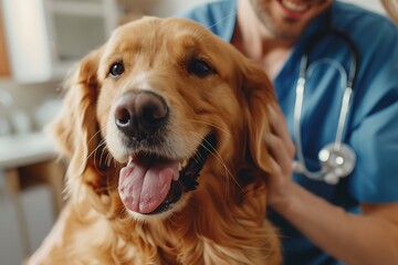 Beautiful male Veterinarian Petting a Noble Golden Retriever Dog. Healthy Pet on a Check Up Visit...