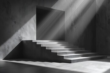 A monochromatic room featuring a geometric 3D podium with a spotlight casting dramatic shadows