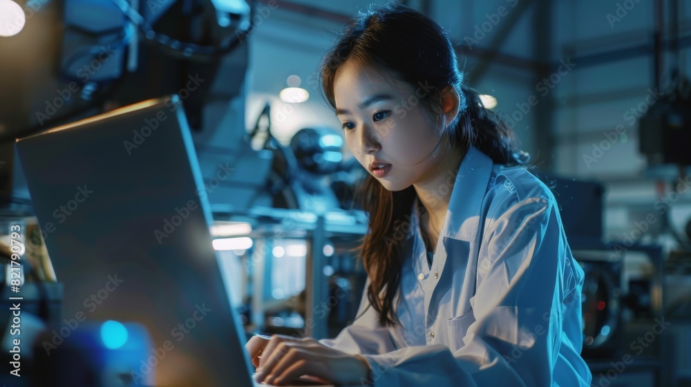 Poster using a computer, a researcher and developer operates a machine at a factory. an asian technician co