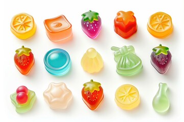 Colorful gummy candies. Strawberry, lemon, orange, grape, pear, and other fruit flavors.